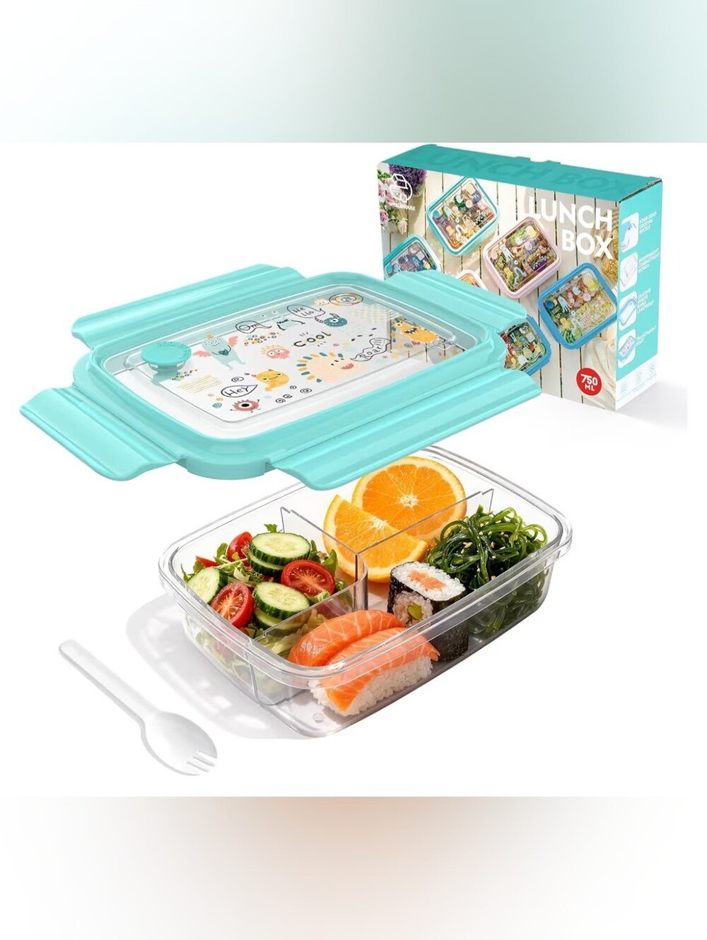 Bento Lunch Box for Kids, 3 Compartment Durable Plastic